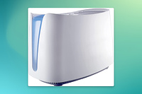 A white humidifier with a blue tank. It has smooth curves and looks modern.