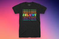 A black shirt with "Believe" and "I Believe in Believe" in the classic Apple six colors.