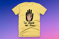 A yellow shirt with two palms and "Two Worlds One Family" written below them.