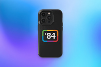 A black phone case with "'84" surrounded with a border made of the classic Apple six colors.