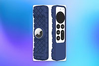 A close-up of the front and back of the silicone remote case in blue, showing the AirTag on the back.