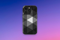 A black case with greyscale abstract triangles patterned across the back.