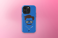A blue phone case with an abstract depiction of Coach Ted Lasso across the back.