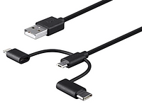 Black cable with Micro-USB, Lightning, and USB-C tips.